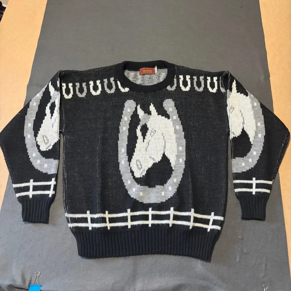 Cimarron City Horse Knit Sweater Mens XL Black Dad Core Graphic Western Vintage